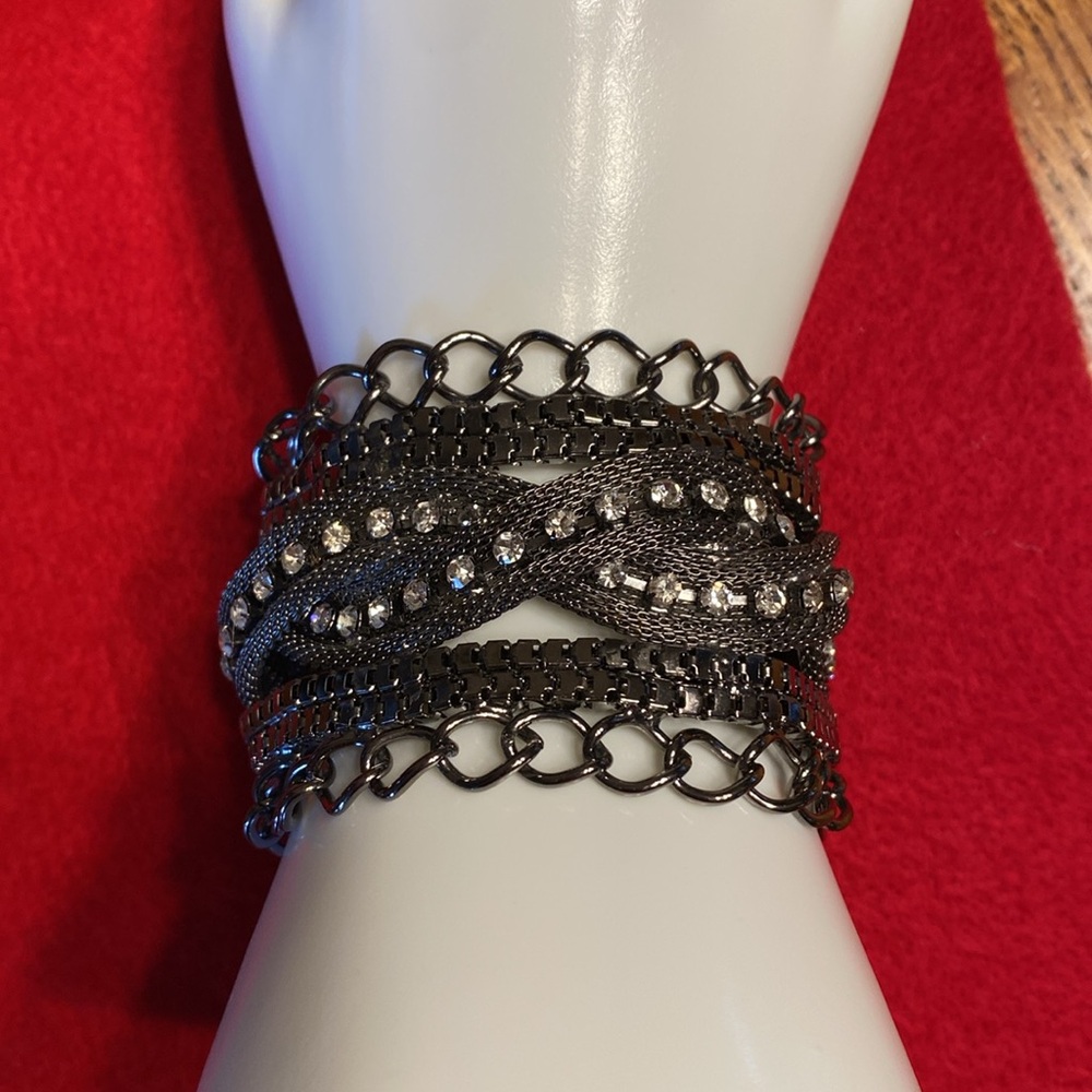 Chunky Silver Tone Crystal Multi-Row Bracelet - Picture 6 of 16